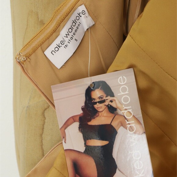 Naked Wardrobe The Statement Strapless Satin Gold Mini Dress S Ruched NWT B99 - Picture 5 of 6